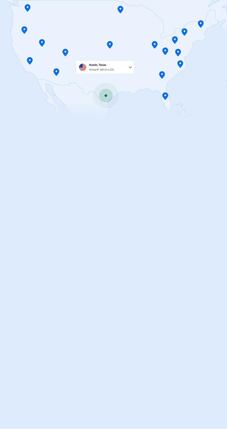 Kaart van de VS met spelden in de serverlocaties